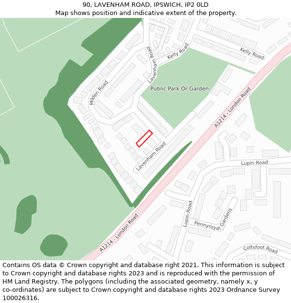90, LAVENHAM ROAD, IPSWICH, IP2 0LD: Location map and indicative extent of plot