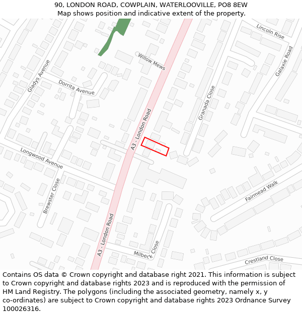 90, LONDON ROAD, COWPLAIN, WATERLOOVILLE, PO8 8EW: Location map and indicative extent of plot