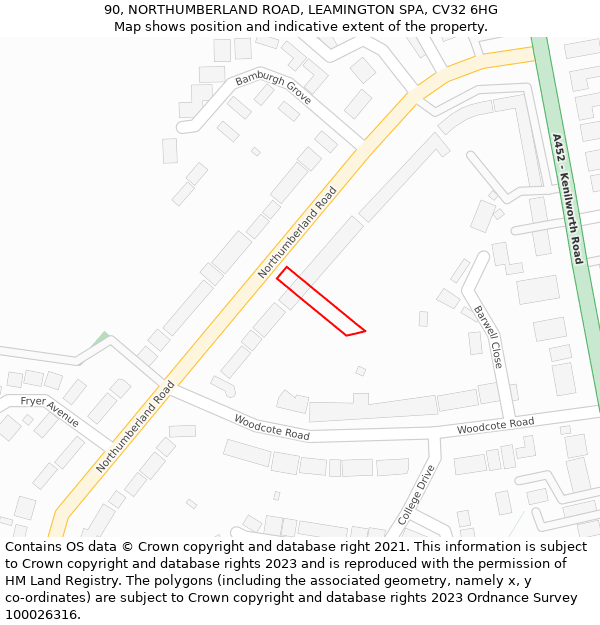 90, NORTHUMBERLAND ROAD, LEAMINGTON SPA, CV32 6HG: Location map and indicative extent of plot