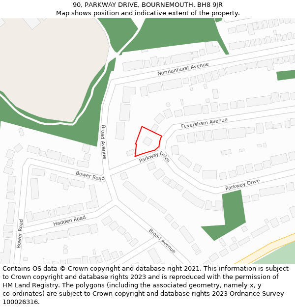 90, PARKWAY DRIVE, BOURNEMOUTH, BH8 9JR: Location map and indicative extent of plot