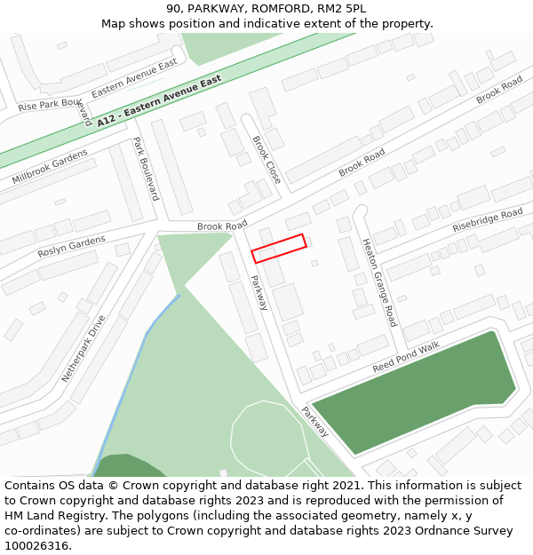 90, PARKWAY, ROMFORD, RM2 5PL: Location map and indicative extent of plot