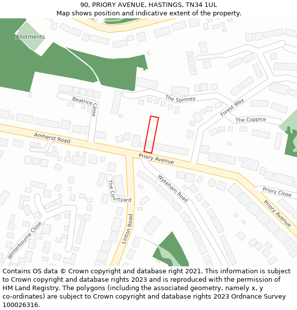 90, PRIORY AVENUE, HASTINGS, TN34 1UL: Location map and indicative extent of plot
