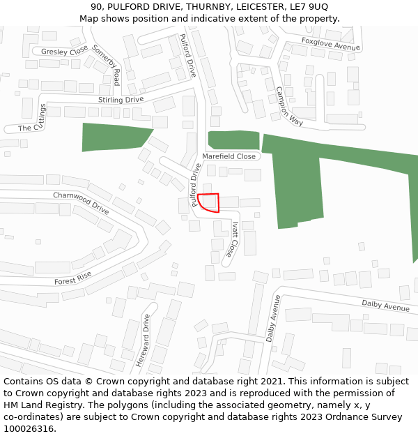 90, PULFORD DRIVE, THURNBY, LEICESTER, LE7 9UQ: Location map and indicative extent of plot