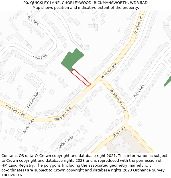 90, QUICKLEY LANE, CHORLEYWOOD, RICKMANSWORTH, WD3 5AD: Location map and indicative extent of plot