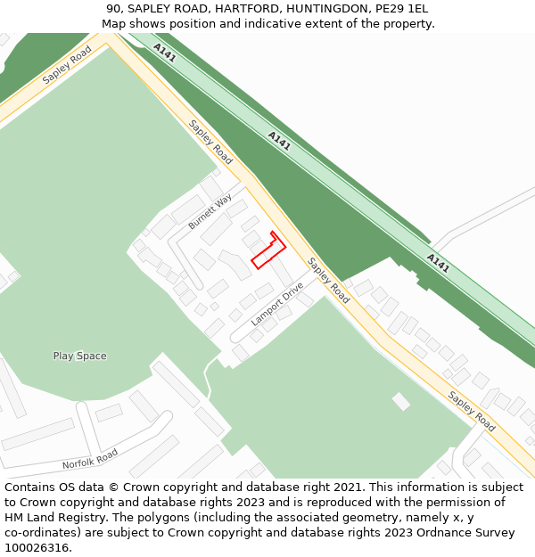 90, SAPLEY ROAD, HARTFORD, HUNTINGDON, PE29 1EL: Location map and indicative extent of plot