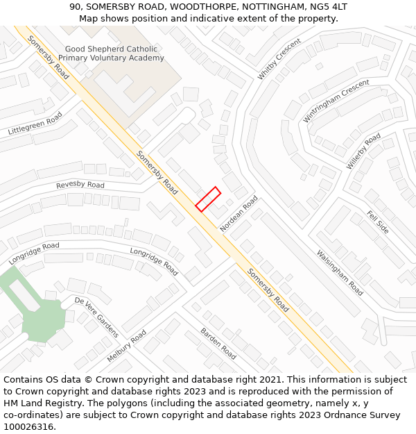 90, SOMERSBY ROAD, WOODTHORPE, NOTTINGHAM, NG5 4LT: Location map and indicative extent of plot