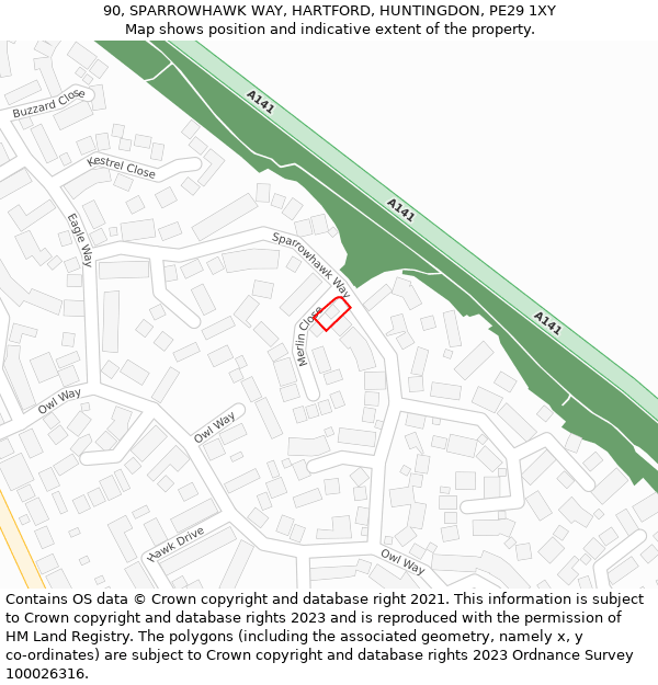 90, SPARROWHAWK WAY, HARTFORD, HUNTINGDON, PE29 1XY: Location map and indicative extent of plot