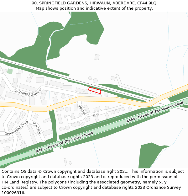 90, SPRINGFIELD GARDENS, HIRWAUN, ABERDARE, CF44 9LQ: Location map and indicative extent of plot