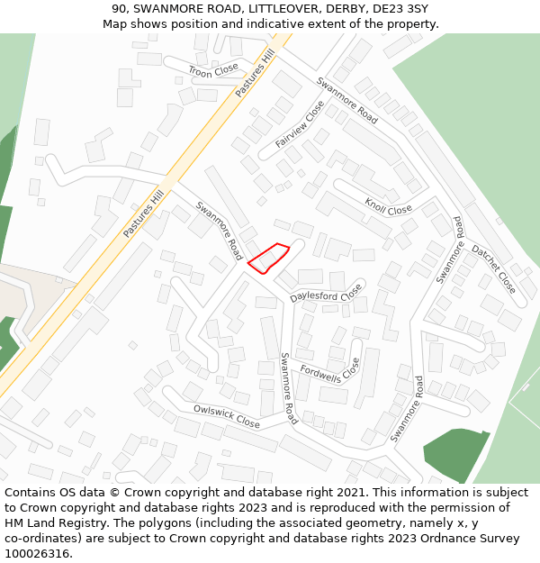 90, SWANMORE ROAD, LITTLEOVER, DERBY, DE23 3SY: Location map and indicative extent of plot