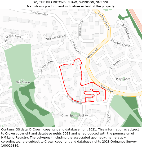 90, THE BRAMPTONS, SHAW, SWINDON, SN5 5SL: Location map and indicative extent of plot