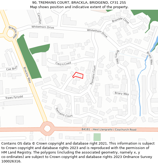 90, TREMAINS COURT, BRACKLA, BRIDGEND, CF31 2SS: Location map and indicative extent of plot