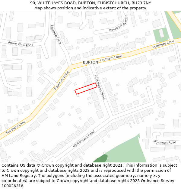 90, WHITEHAYES ROAD, BURTON, CHRISTCHURCH, BH23 7NY: Location map and indicative extent of plot