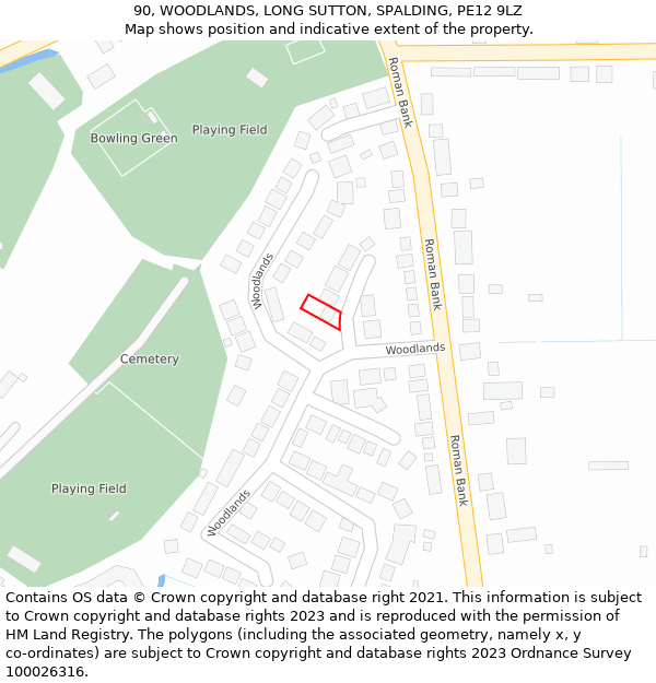 90, WOODLANDS, LONG SUTTON, SPALDING, PE12 9LZ: Location map and indicative extent of plot