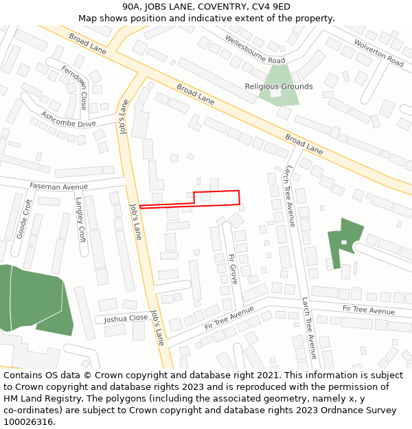 90A, JOBS LANE, COVENTRY, CV4 9ED: Location map and indicative extent of plot