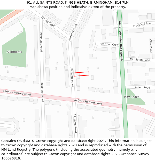 91, ALL SAINTS ROAD, KINGS HEATH, BIRMINGHAM, B14 7LN: Location map and indicative extent of plot