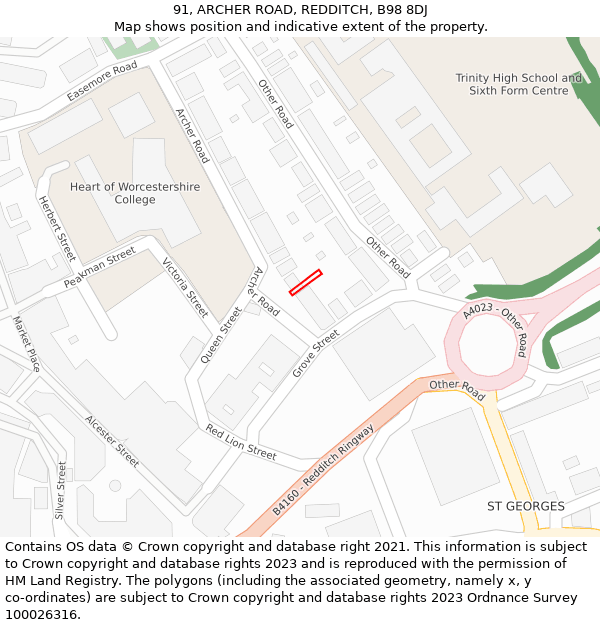 91, ARCHER ROAD, REDDITCH, B98 8DJ: Location map and indicative extent of plot