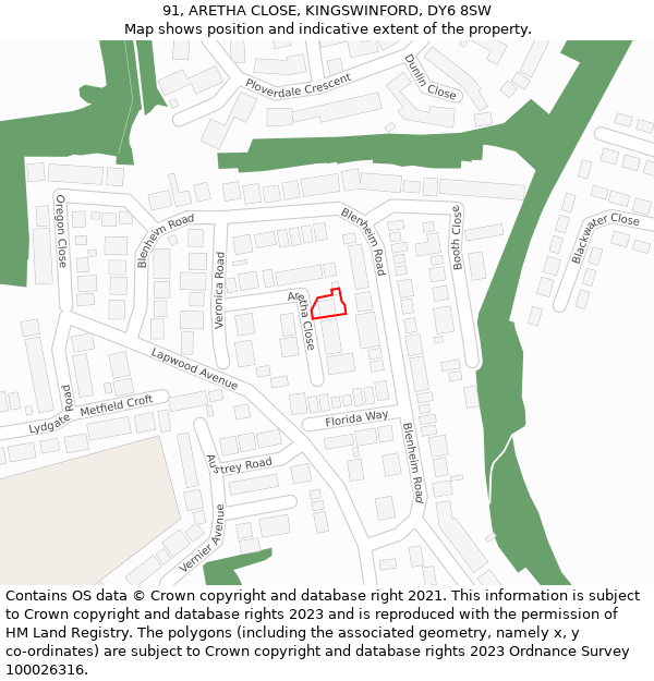 91, ARETHA CLOSE, KINGSWINFORD, DY6 8SW: Location map and indicative extent of plot