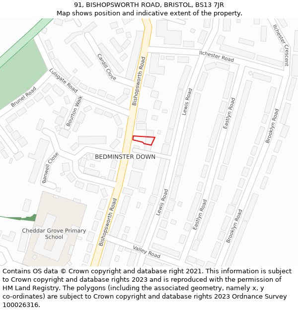 91, BISHOPSWORTH ROAD, BRISTOL, BS13 7JR: Location map and indicative extent of plot