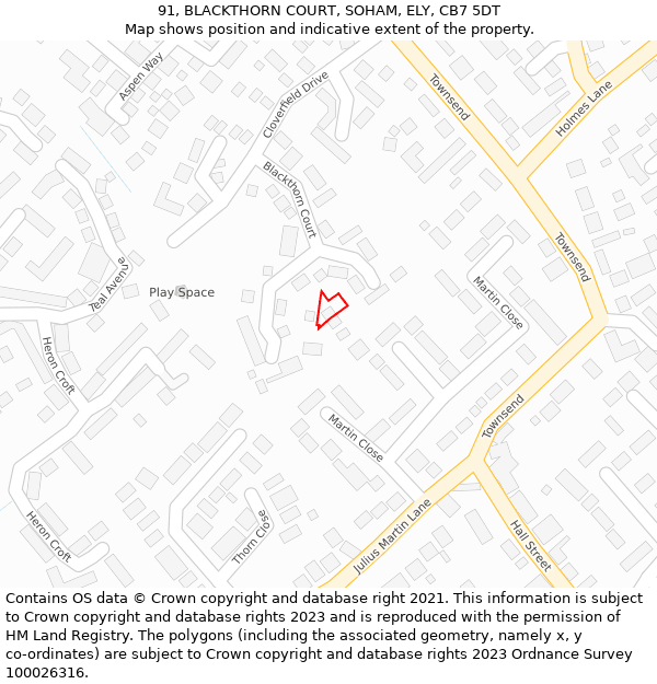 91, BLACKTHORN COURT, SOHAM, ELY, CB7 5DT: Location map and indicative extent of plot