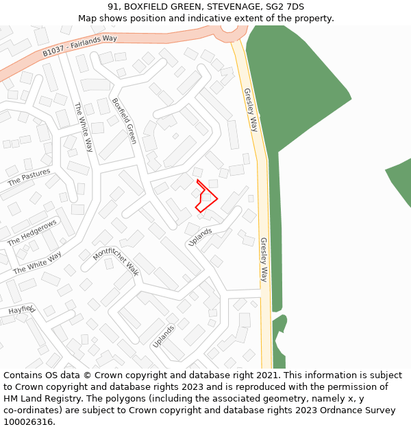 91, BOXFIELD GREEN, STEVENAGE, SG2 7DS: Location map and indicative extent of plot