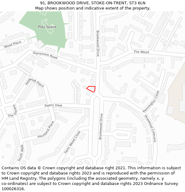 91, BROOKWOOD DRIVE, STOKE-ON-TRENT, ST3 6LN: Location map and indicative extent of plot