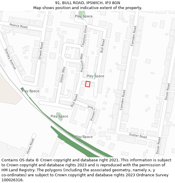 91, BULL ROAD, IPSWICH, IP3 8GN: Location map and indicative extent of plot