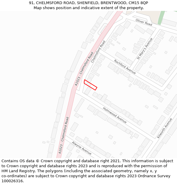 91, CHELMSFORD ROAD, SHENFIELD, BRENTWOOD, CM15 8QP: Location map and indicative extent of plot