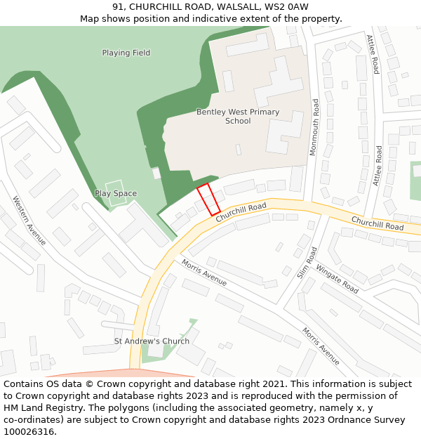 91, CHURCHILL ROAD, WALSALL, WS2 0AW: Location map and indicative extent of plot