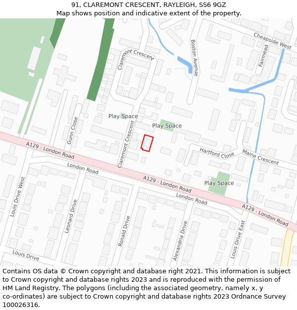 91, CLAREMONT CRESCENT, RAYLEIGH, SS6 9GZ: Location map and indicative extent of plot