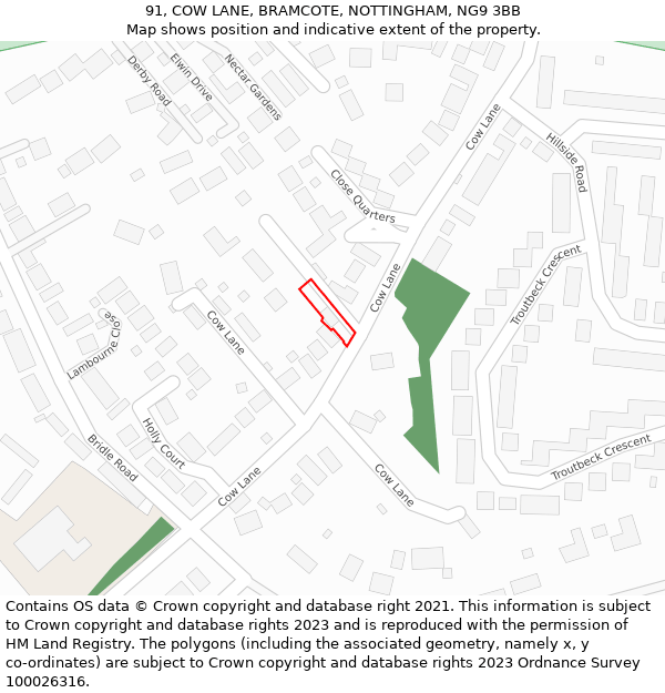 91, COW LANE, BRAMCOTE, NOTTINGHAM, NG9 3BB: Location map and indicative extent of plot