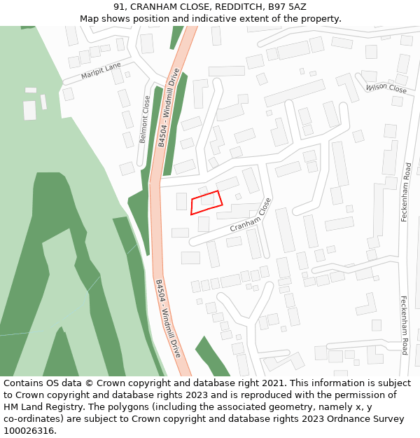 91, CRANHAM CLOSE, REDDITCH, B97 5AZ: Location map and indicative extent of plot