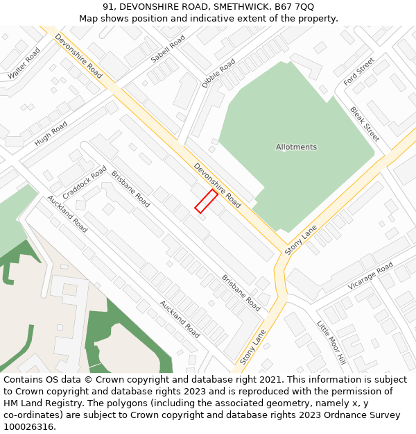 91, DEVONSHIRE ROAD, SMETHWICK, B67 7QQ: Location map and indicative extent of plot