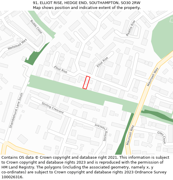 91, ELLIOT RISE, HEDGE END, SOUTHAMPTON, SO30 2RW: Location map and indicative extent of plot