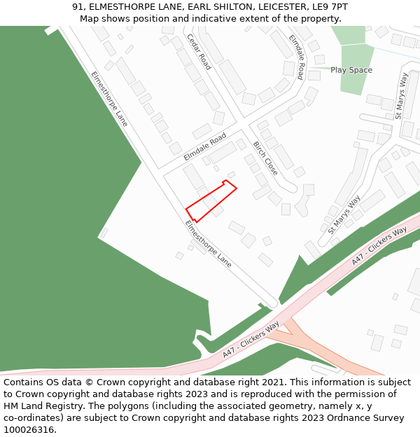 91, ELMESTHORPE LANE, EARL SHILTON, LEICESTER, LE9 7PT: Location map and indicative extent of plot