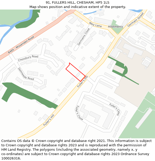 91, FULLERS HILL, CHESHAM, HP5 1LS: Location map and indicative extent of plot