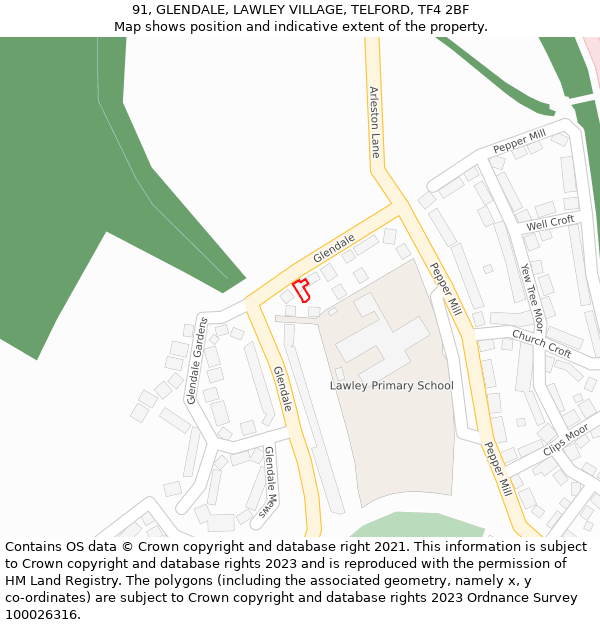 91, GLENDALE, LAWLEY VILLAGE, TELFORD, TF4 2BF: Location map and indicative extent of plot