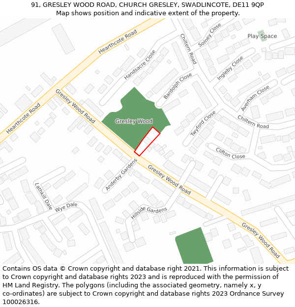 91, GRESLEY WOOD ROAD, CHURCH GRESLEY, SWADLINCOTE, DE11 9QP: Location map and indicative extent of plot