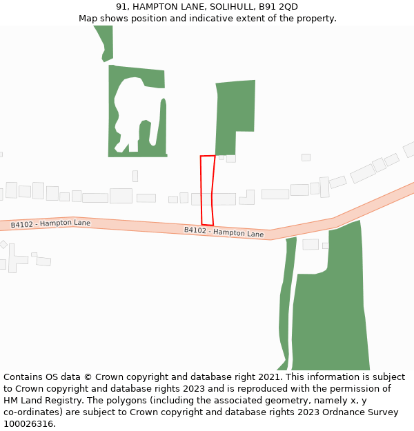 91, HAMPTON LANE, SOLIHULL, B91 2QD: Location map and indicative extent of plot