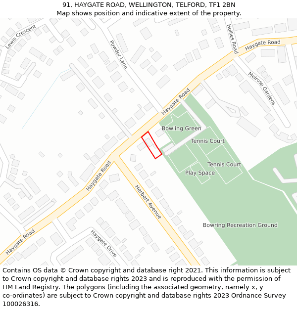 91, HAYGATE ROAD, WELLINGTON, TELFORD, TF1 2BN: Location map and indicative extent of plot