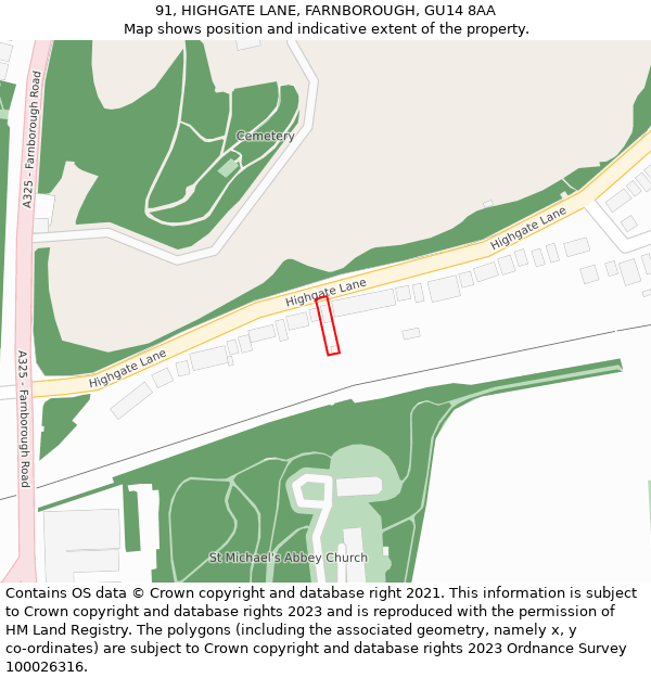 91, HIGHGATE LANE, FARNBOROUGH, GU14 8AA: Location map and indicative extent of plot