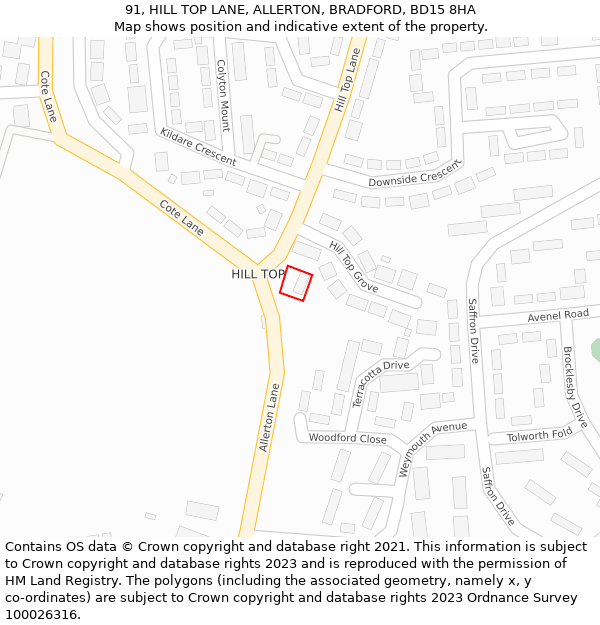 91, HILL TOP LANE, ALLERTON, BRADFORD, BD15 8HA: Location map and indicative extent of plot