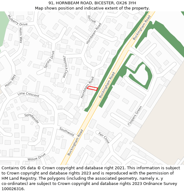 91, HORNBEAM ROAD, BICESTER, OX26 3YH: Location map and indicative extent of plot