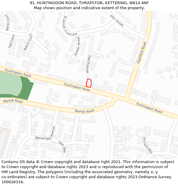 91, HUNTINGDON ROAD, THRAPSTON, KETTERING, NN14 4NF: Location map and indicative extent of plot