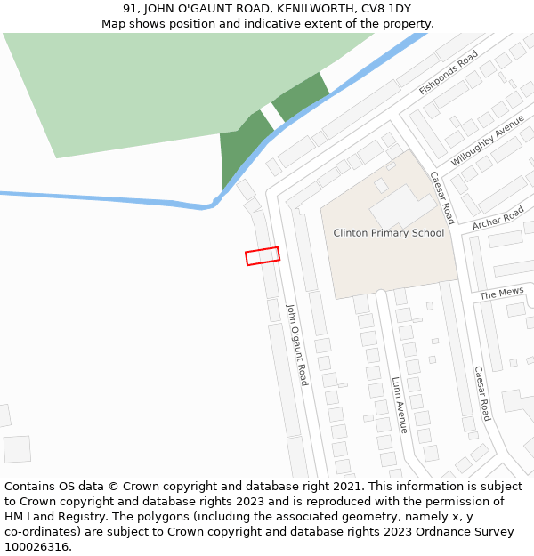 91, JOHN O'GAUNT ROAD, KENILWORTH, CV8 1DY: Location map and indicative extent of plot