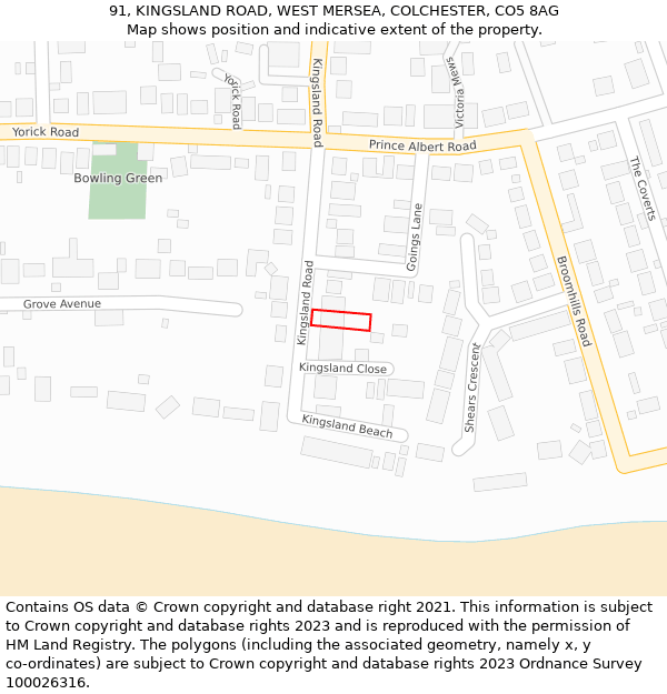 91, KINGSLAND ROAD, WEST MERSEA, COLCHESTER, CO5 8AG: Location map and indicative extent of plot