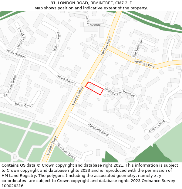 91, LONDON ROAD, BRAINTREE, CM7 2LF: Location map and indicative extent of plot