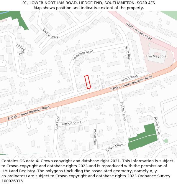 91, LOWER NORTHAM ROAD, HEDGE END, SOUTHAMPTON, SO30 4FS: Location map and indicative extent of plot