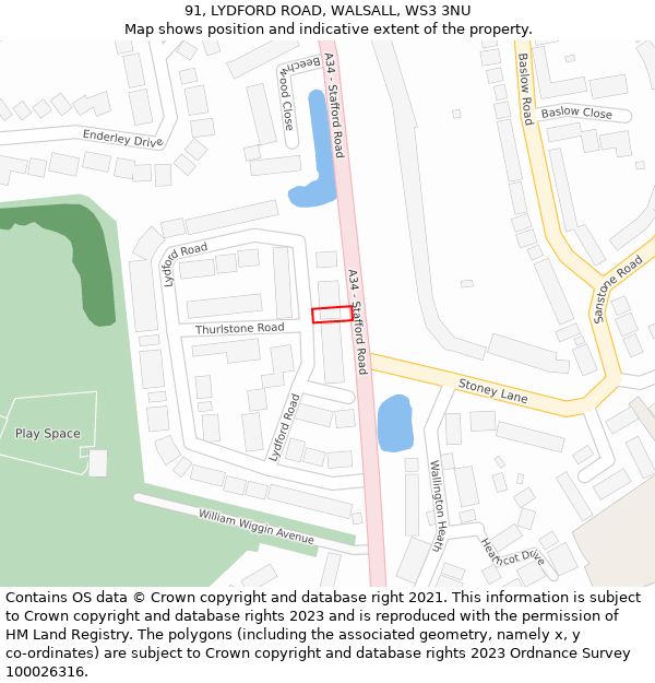 91, LYDFORD ROAD, WALSALL, WS3 3NU: Location map and indicative extent of plot