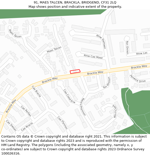 91, MAES TALCEN, BRACKLA, BRIDGEND, CF31 2LQ: Location map and indicative extent of plot