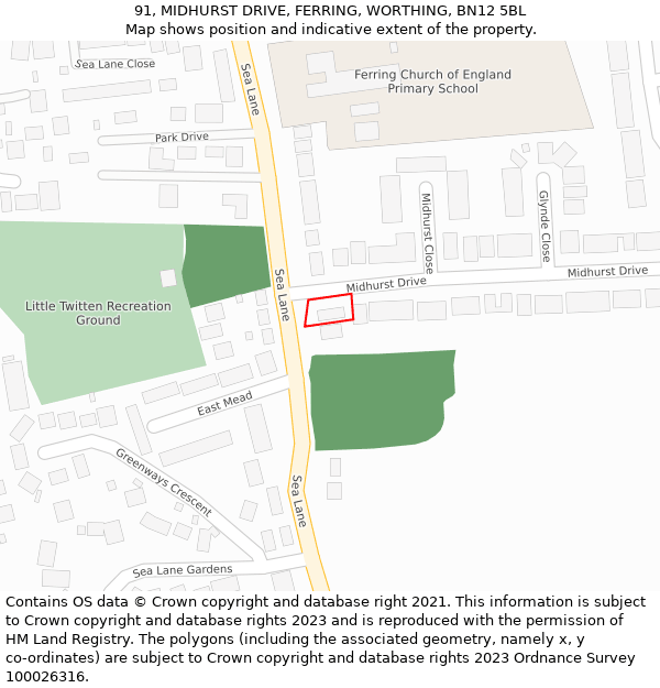 91, MIDHURST DRIVE, FERRING, WORTHING, BN12 5BL: Location map and indicative extent of plot
